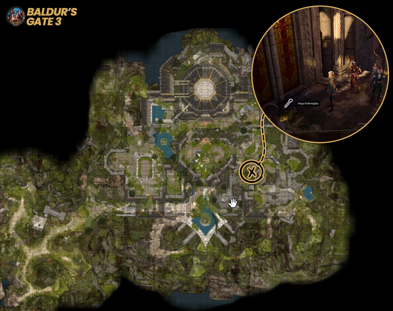 Localizacao-da-Maca-Enferrujada Desvende o Puzzle do Vitral no Mosteiro Rosamanhã em BG3!