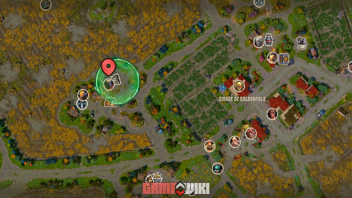 Missão Problemas com Implantes: localização de D’Rek no mapa de Goldenfield, Corepunk