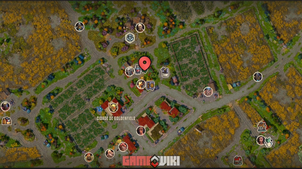 Mapa de Corepunk com o ponto exato para coletar a erva Aloe Calmante em Goldenfield