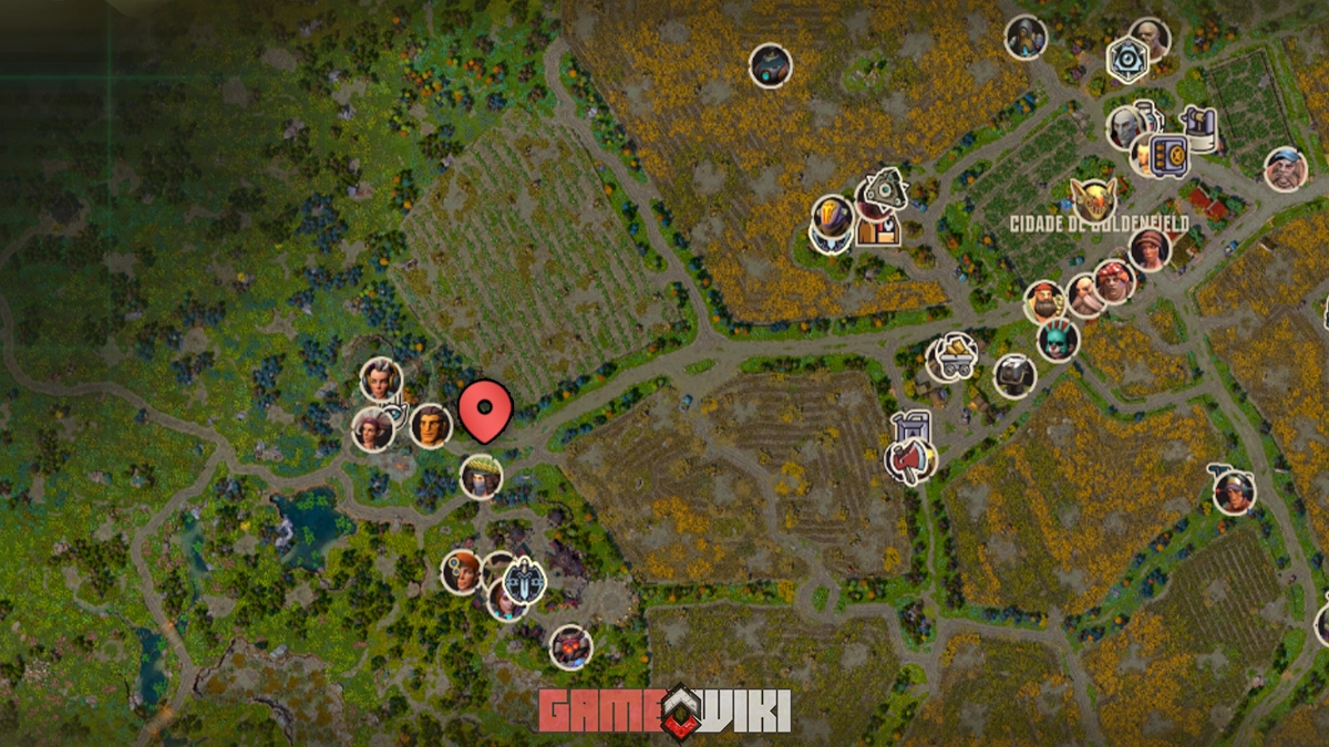 Mapa de Corepunk destacando o local exato onde encontrar Jahri Roots em Goldenfield